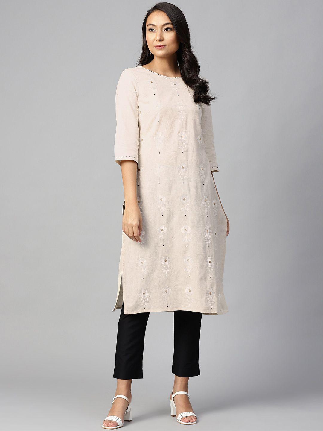 w women off-white & golden dandelion embroidery straight kurta