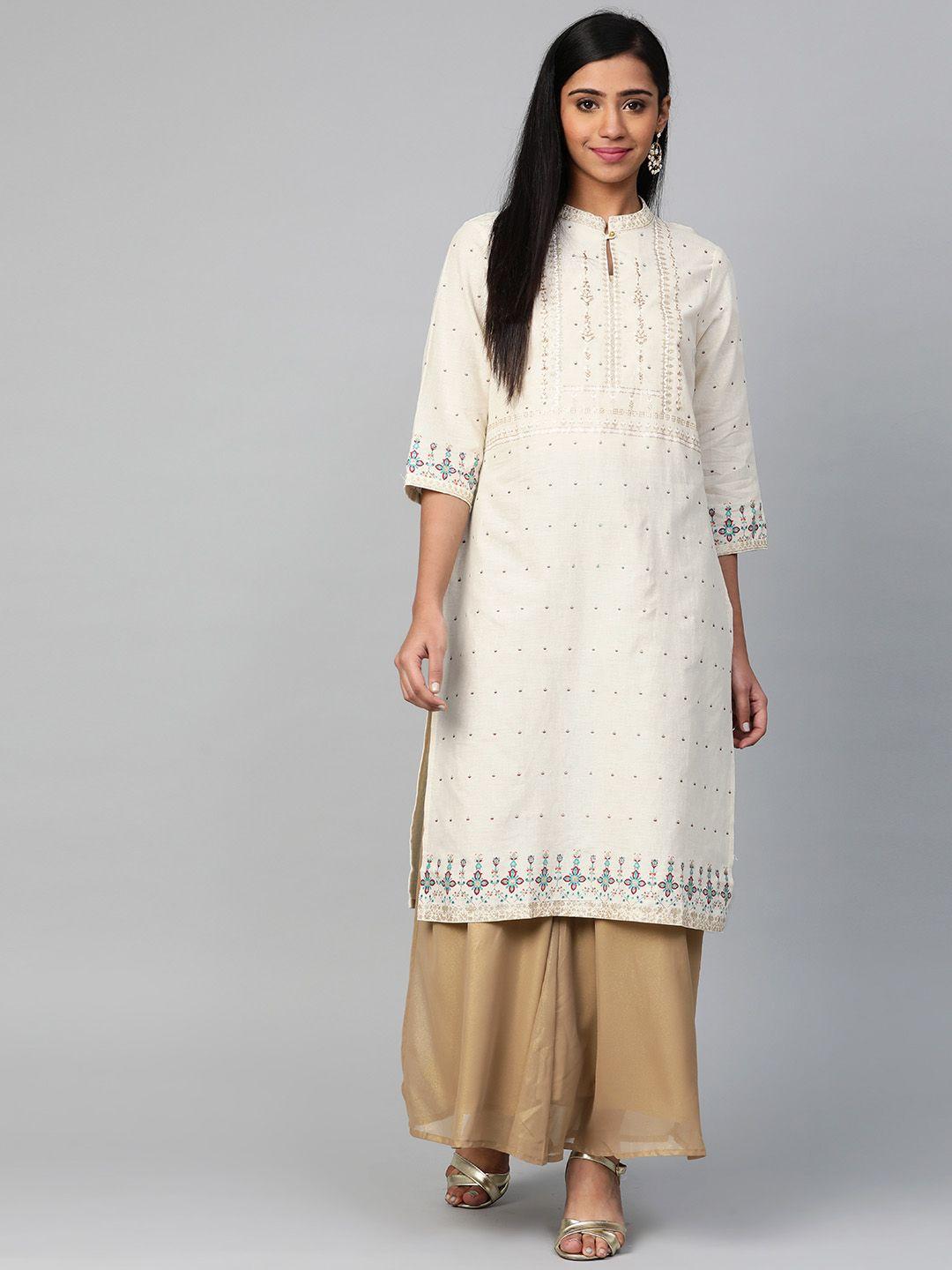 w women off-white & golden printed straight kurta