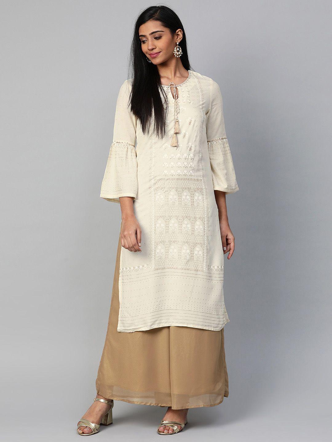 w women off-white & golden printed straight kurta