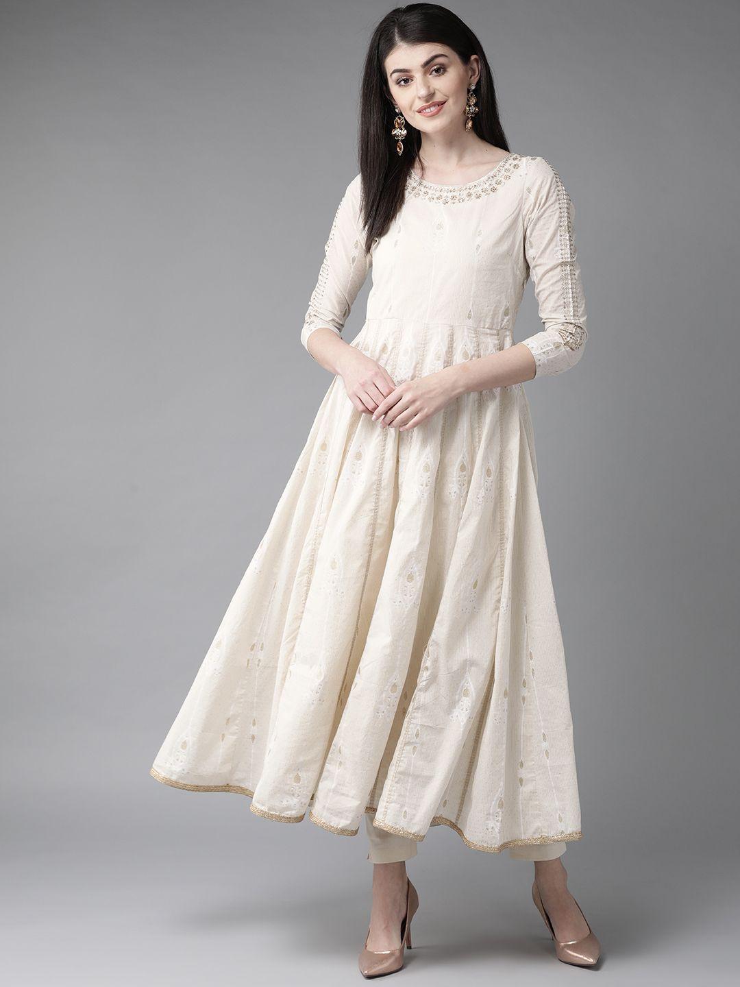 w women off-white & golden striped anarkali kurta