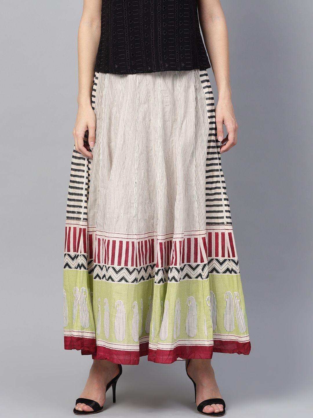 w women off-white & green striped midi a-line pure cotton skirt