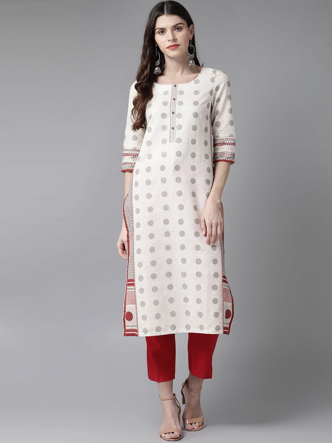 w women off-white & grey printed straight kurta