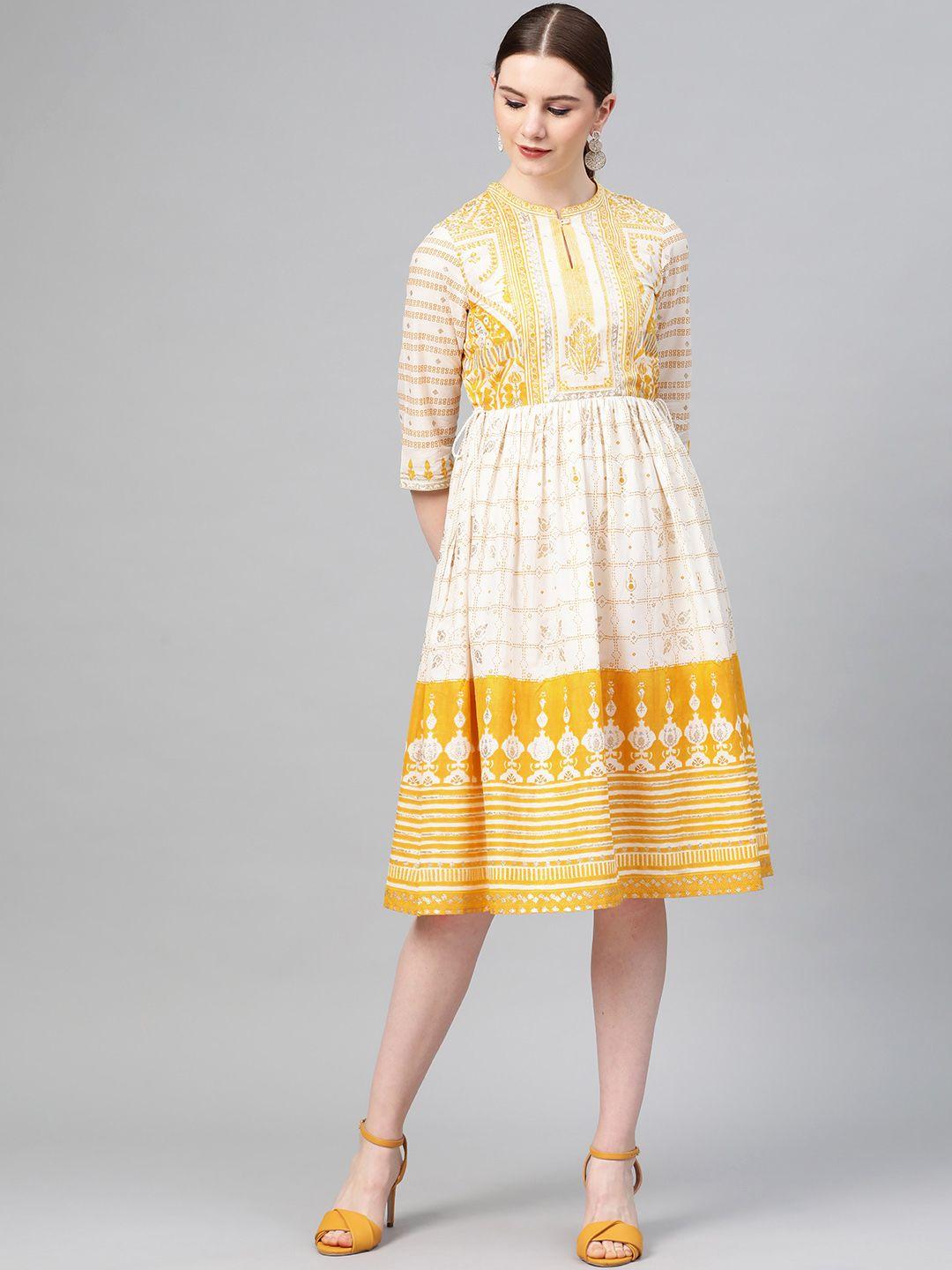 w women off-white & mustard yellow printed a-line dress