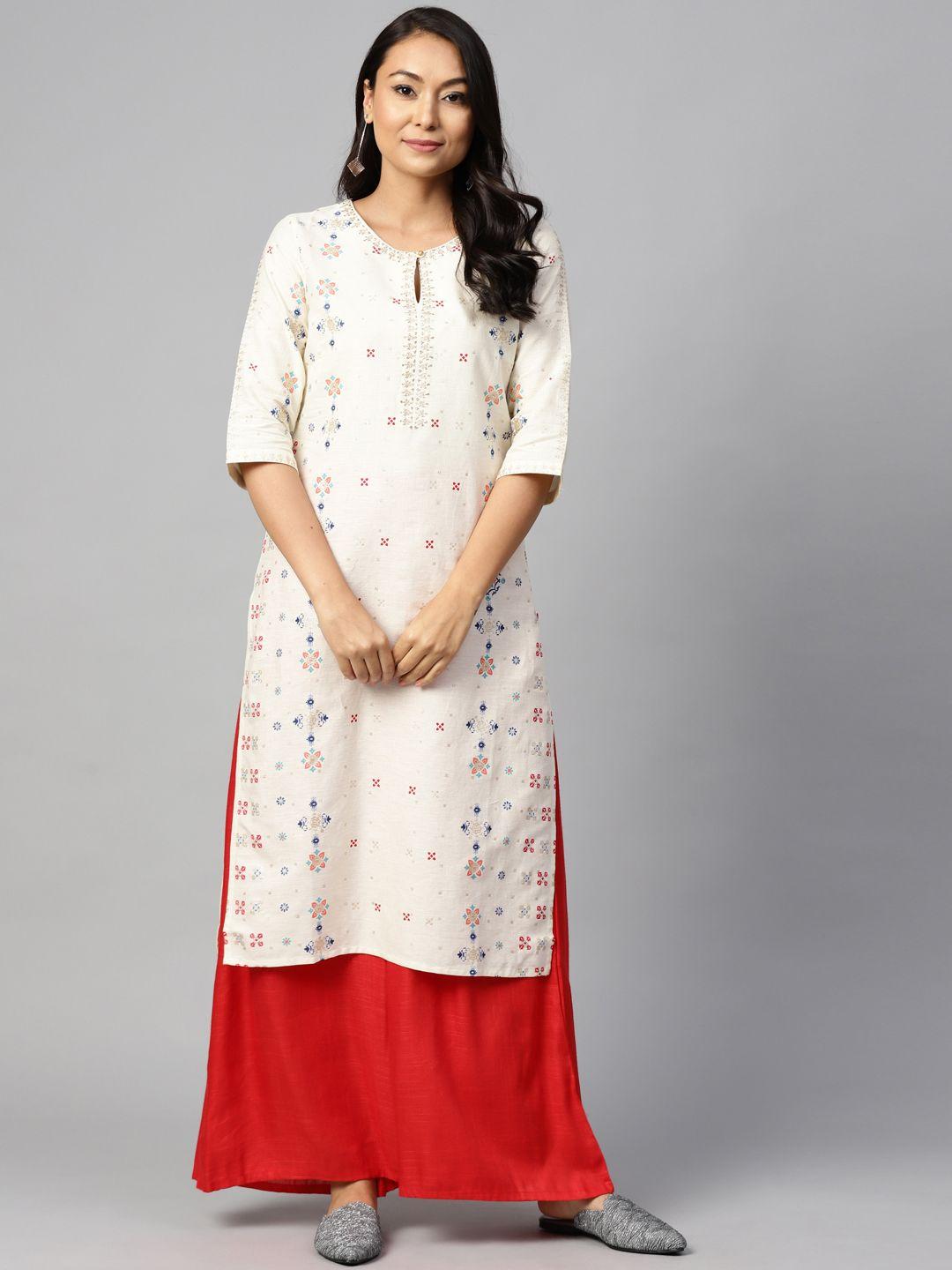 w women off-white & navy blue printed straight kurta