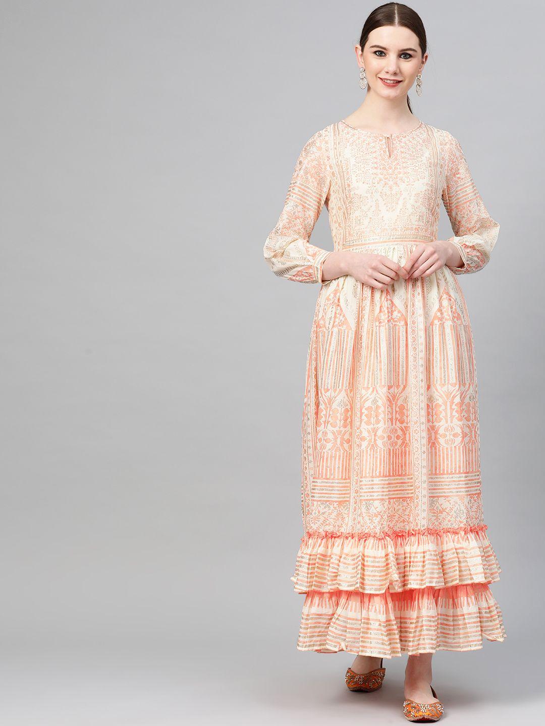 w women off-white & peach-coloured printed maxi dress