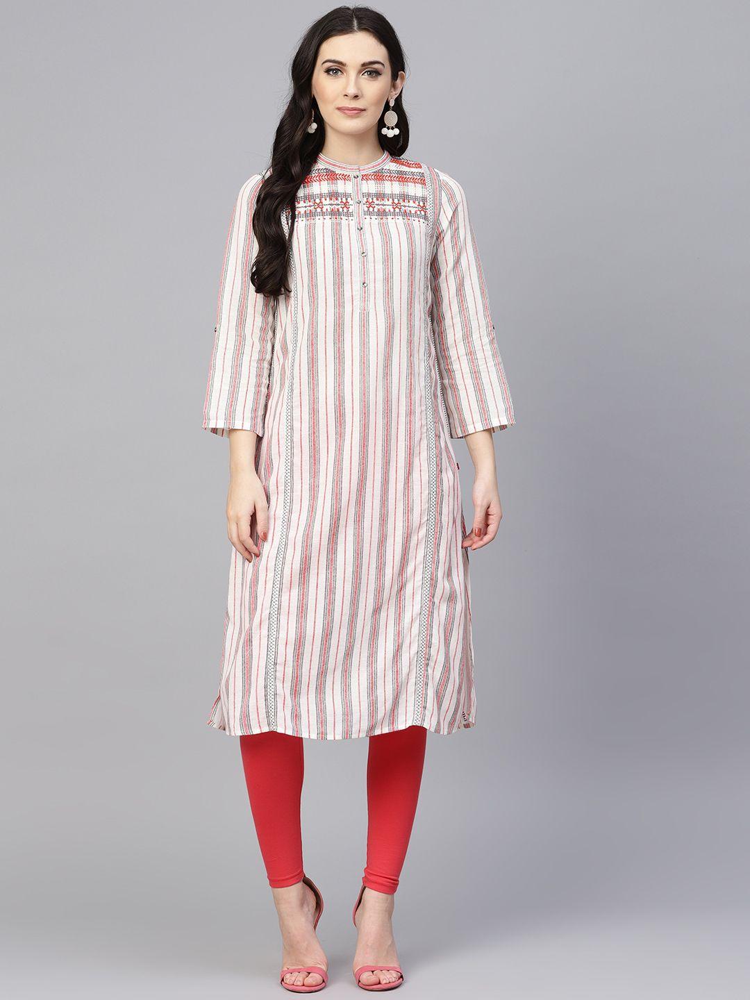 w women off-white & red striped straight kurta