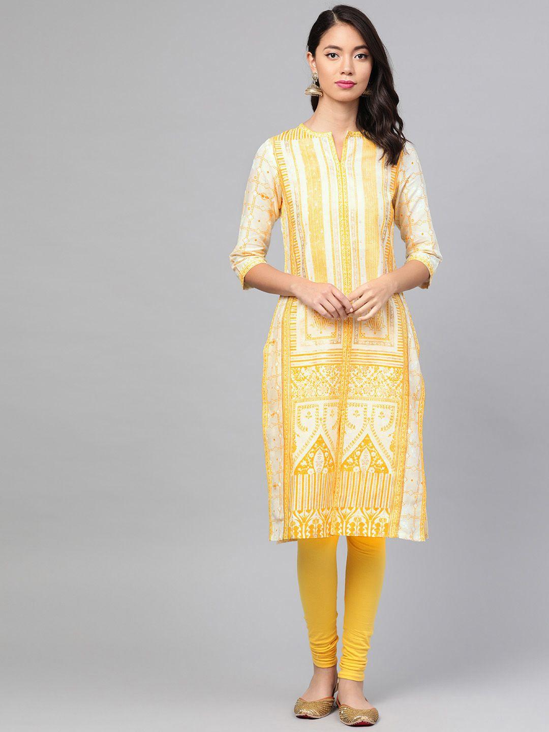 w women off-white & yellow printed straight kurta