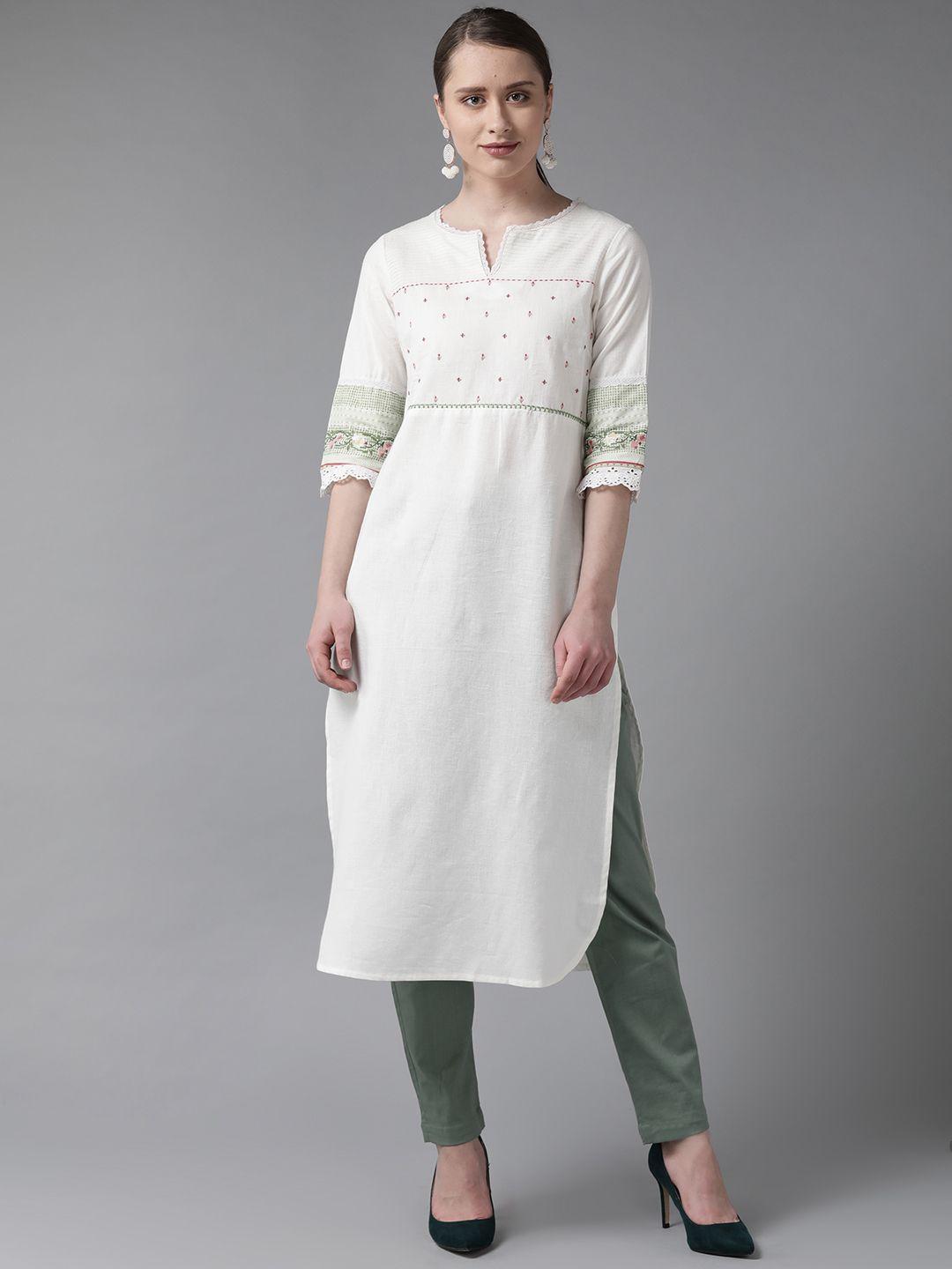 w women off-white embroidered detail straight kurta