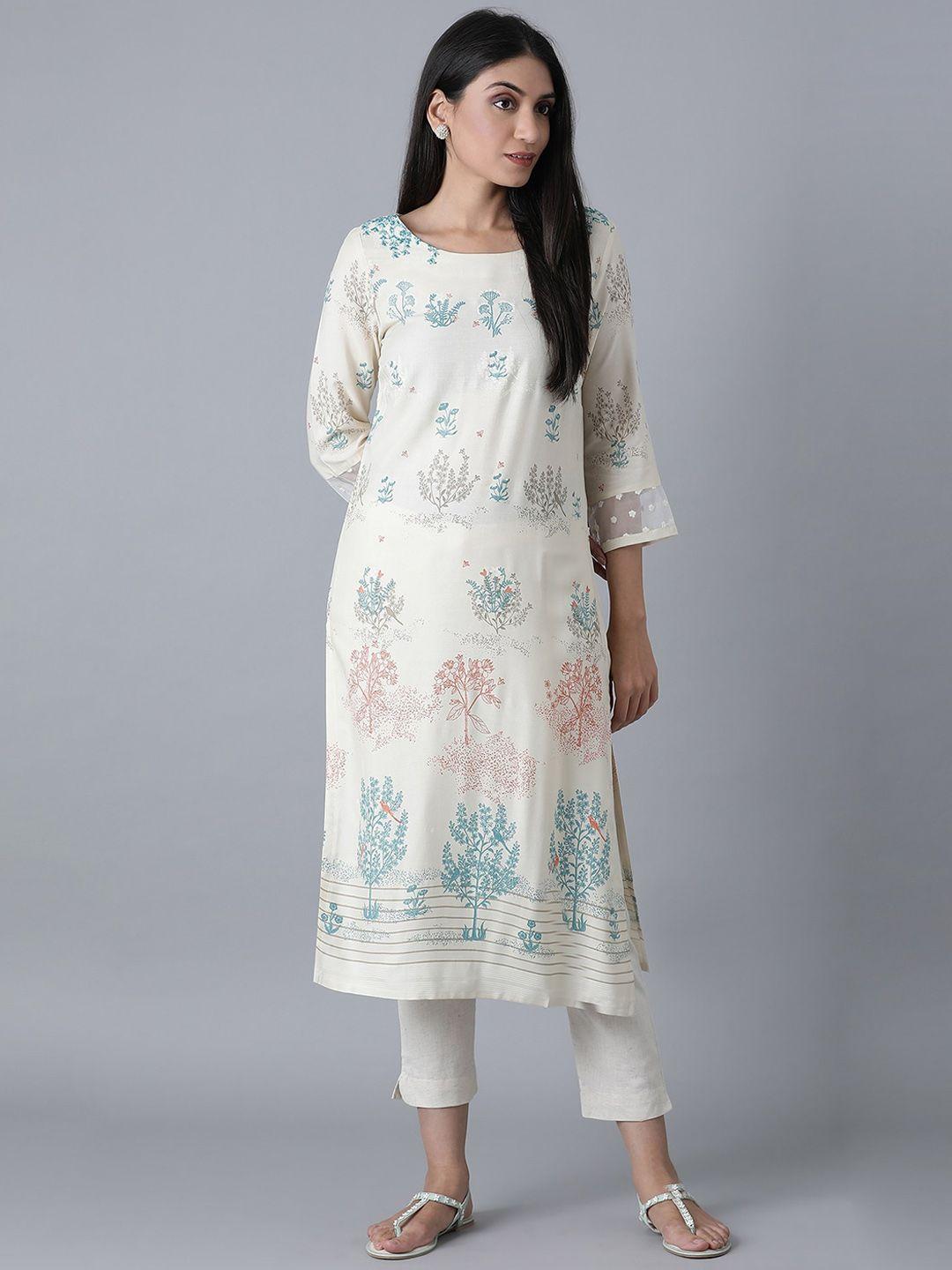 w women off white floral printed kurta