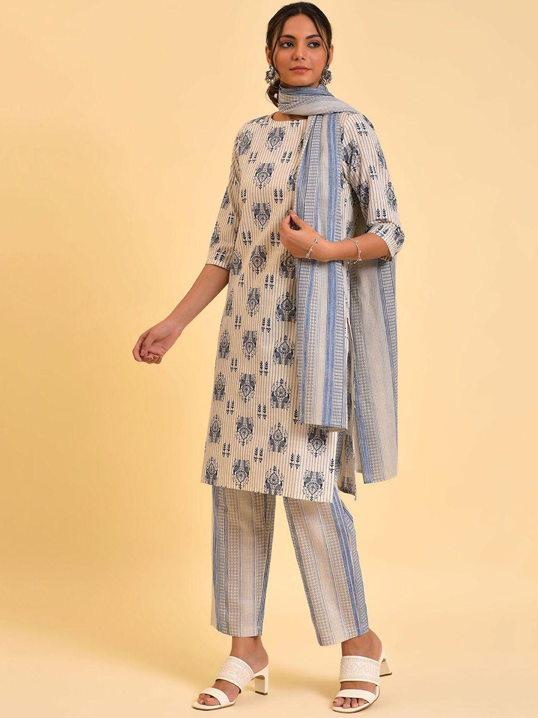 w women off white floral printed regular pure cotton kurta with trousers & with dupatta