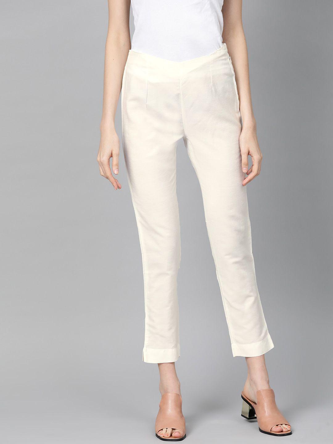 w women off-white slim fit solid regular trousers