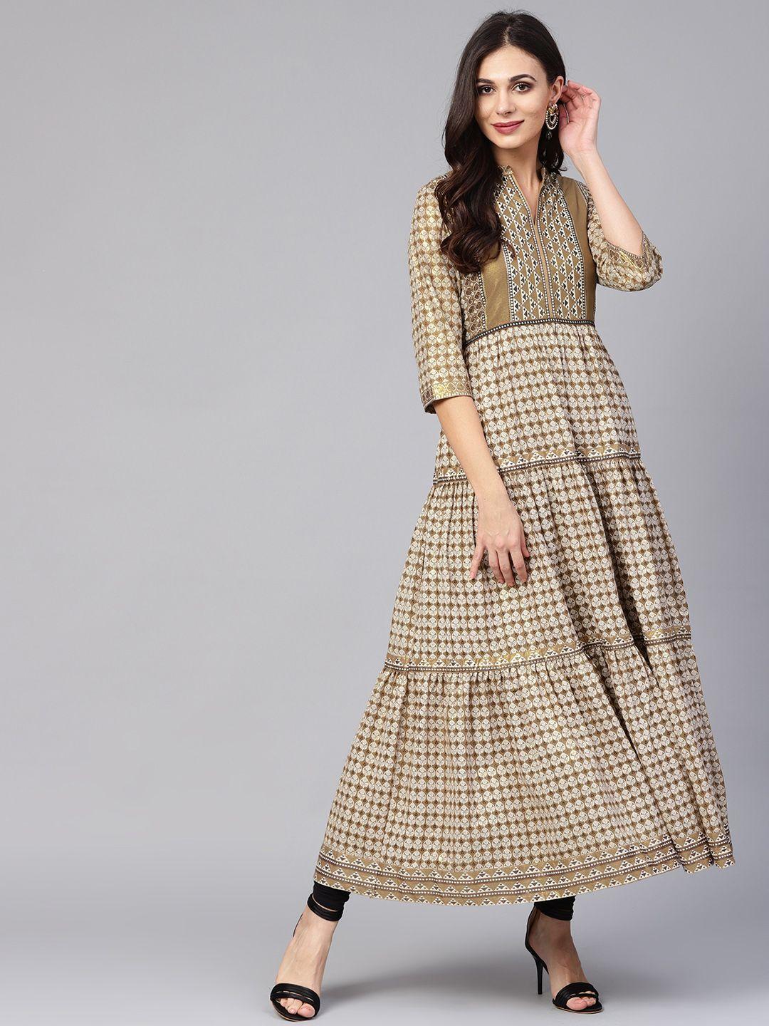 w women olive brown & off-white printed tiered a-line kurta