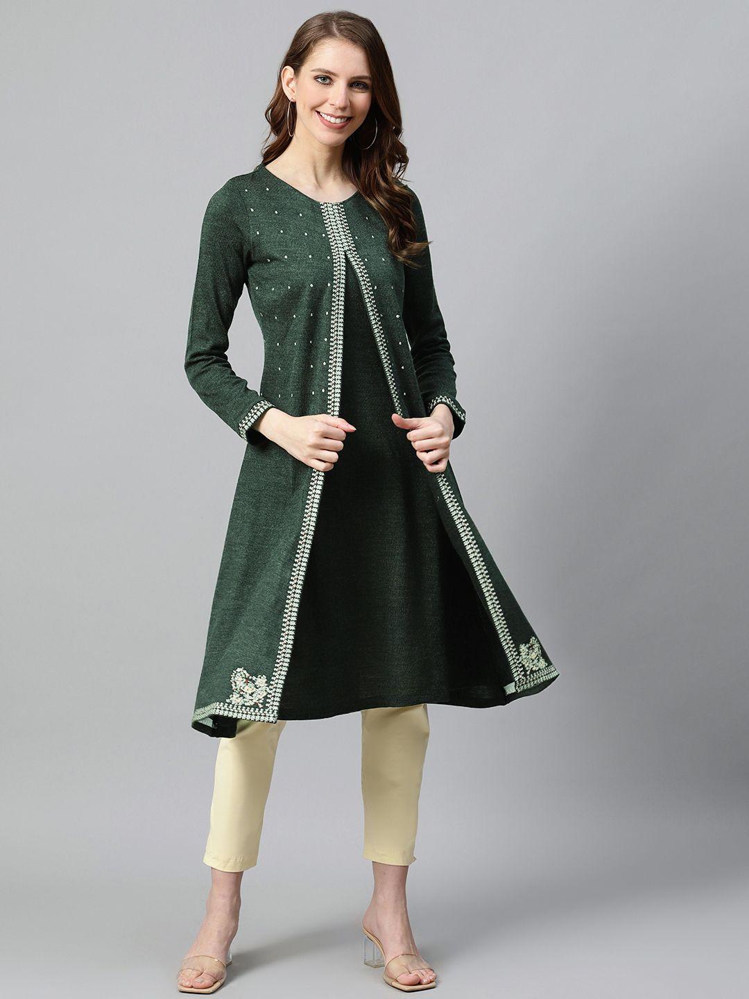 w women olive green geometric embroidered layered a-line winter kurta