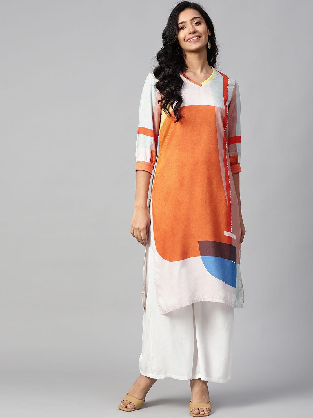 w women orange & grey colourblocked straight kurta