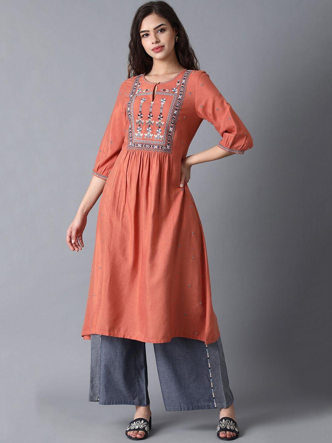 w women orange geometric embroidered thread work kurta