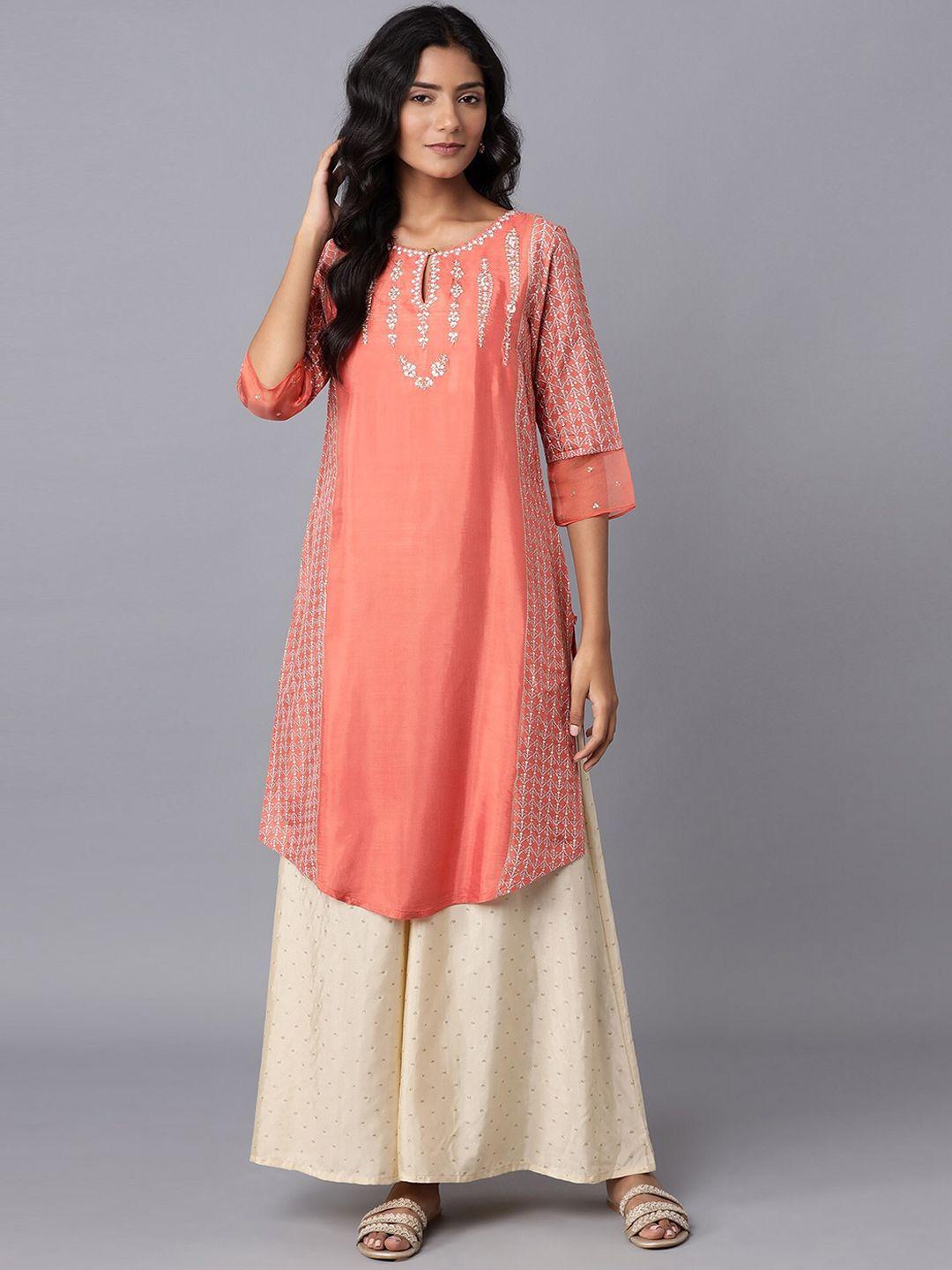 w women orange striped flared sleeves kurta