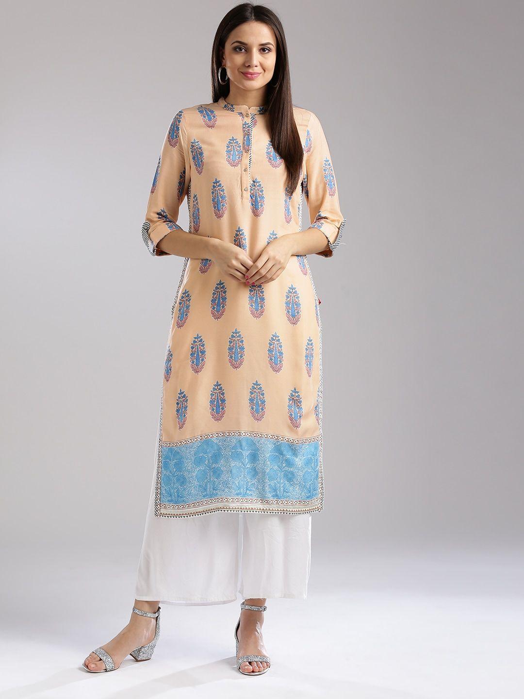 w women peach-coloured & blue printed straight sustainable kurta