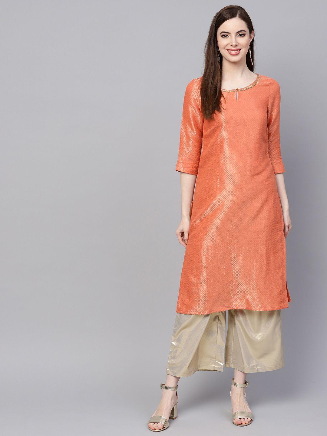 w women peach-coloured & golden woven design straight kurta