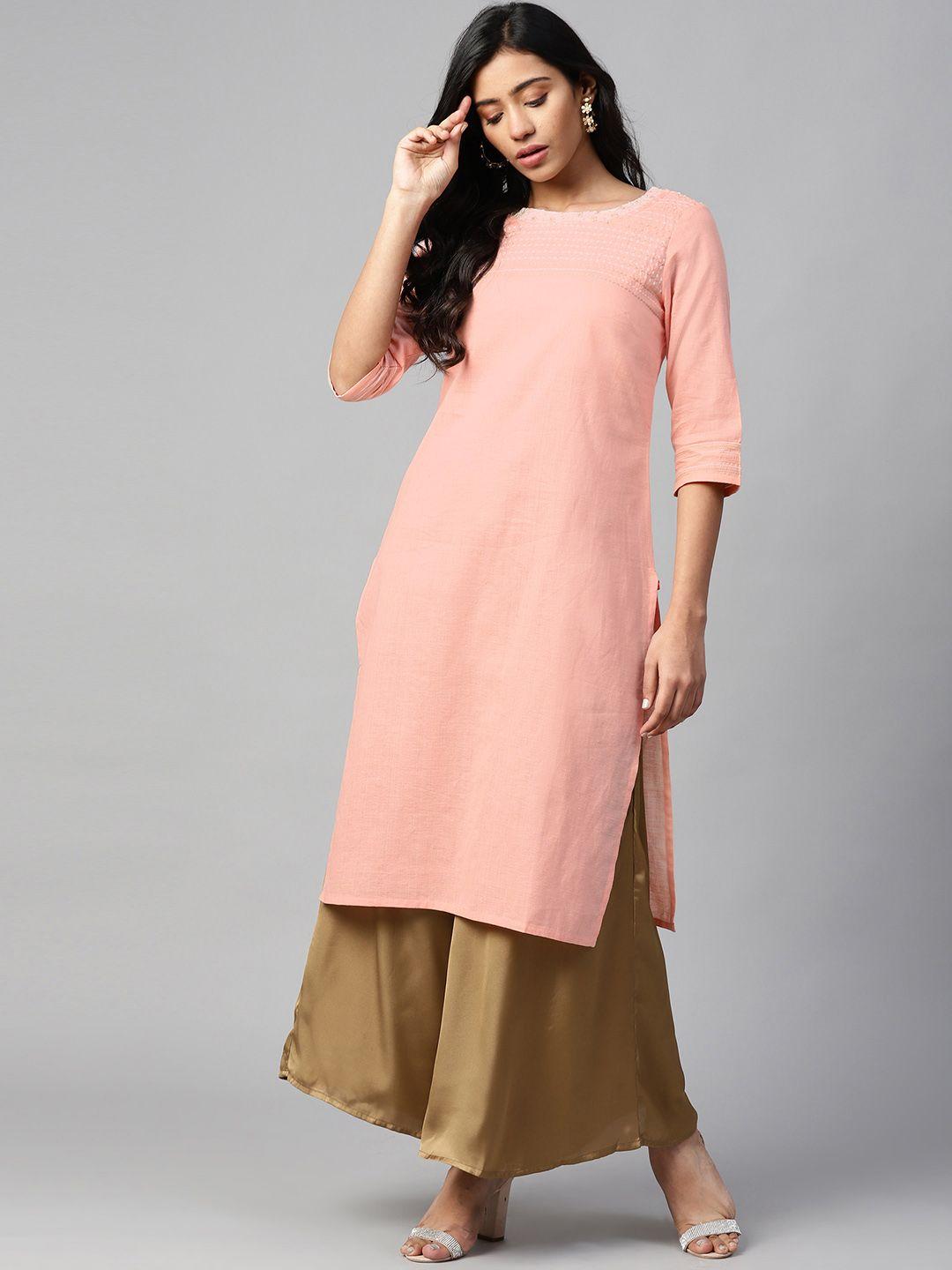 w women peach-coloured & off-white solid straight kurta