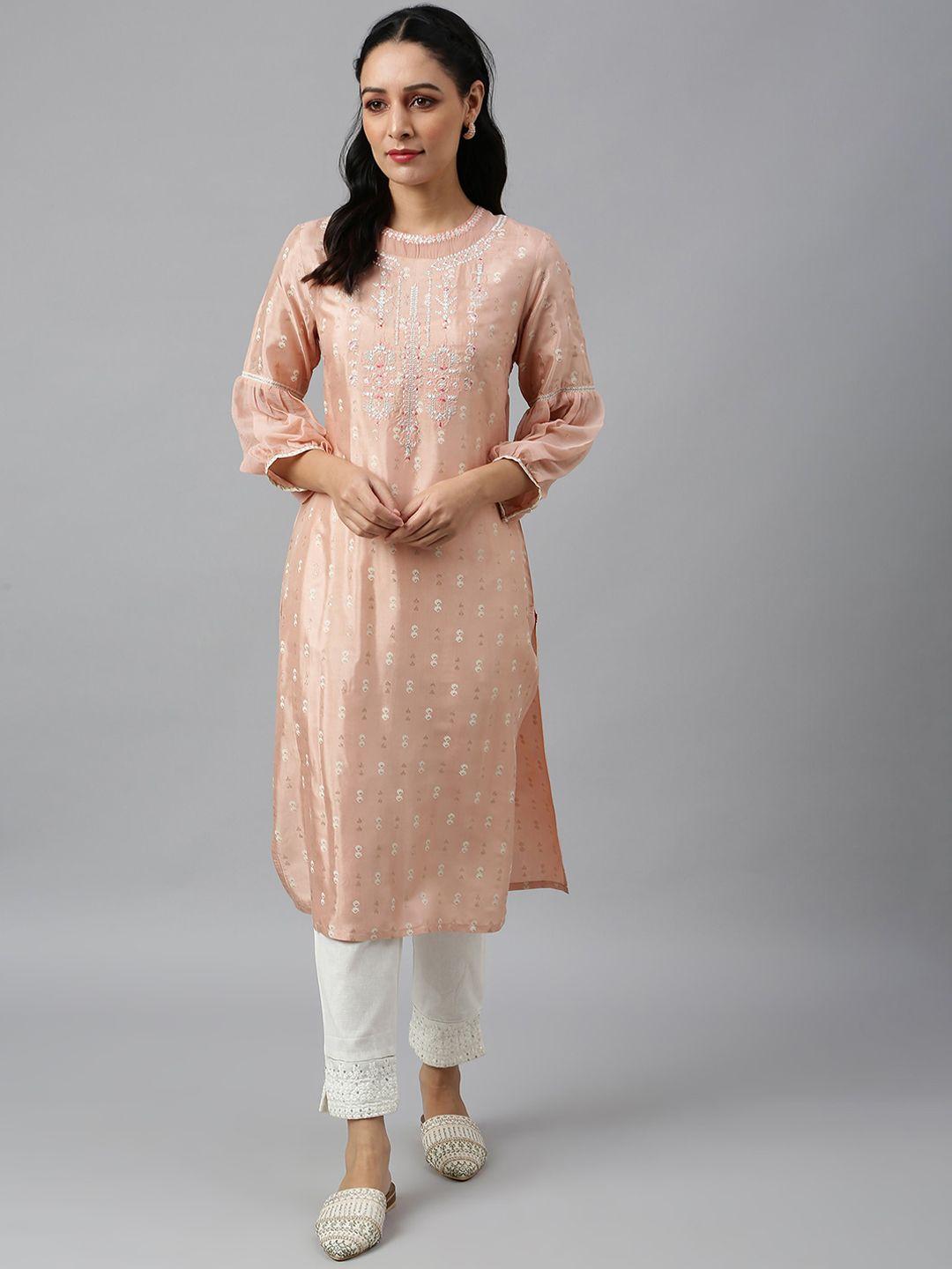 w women peach-coloured ethnic motifs embroidered thread work kurta