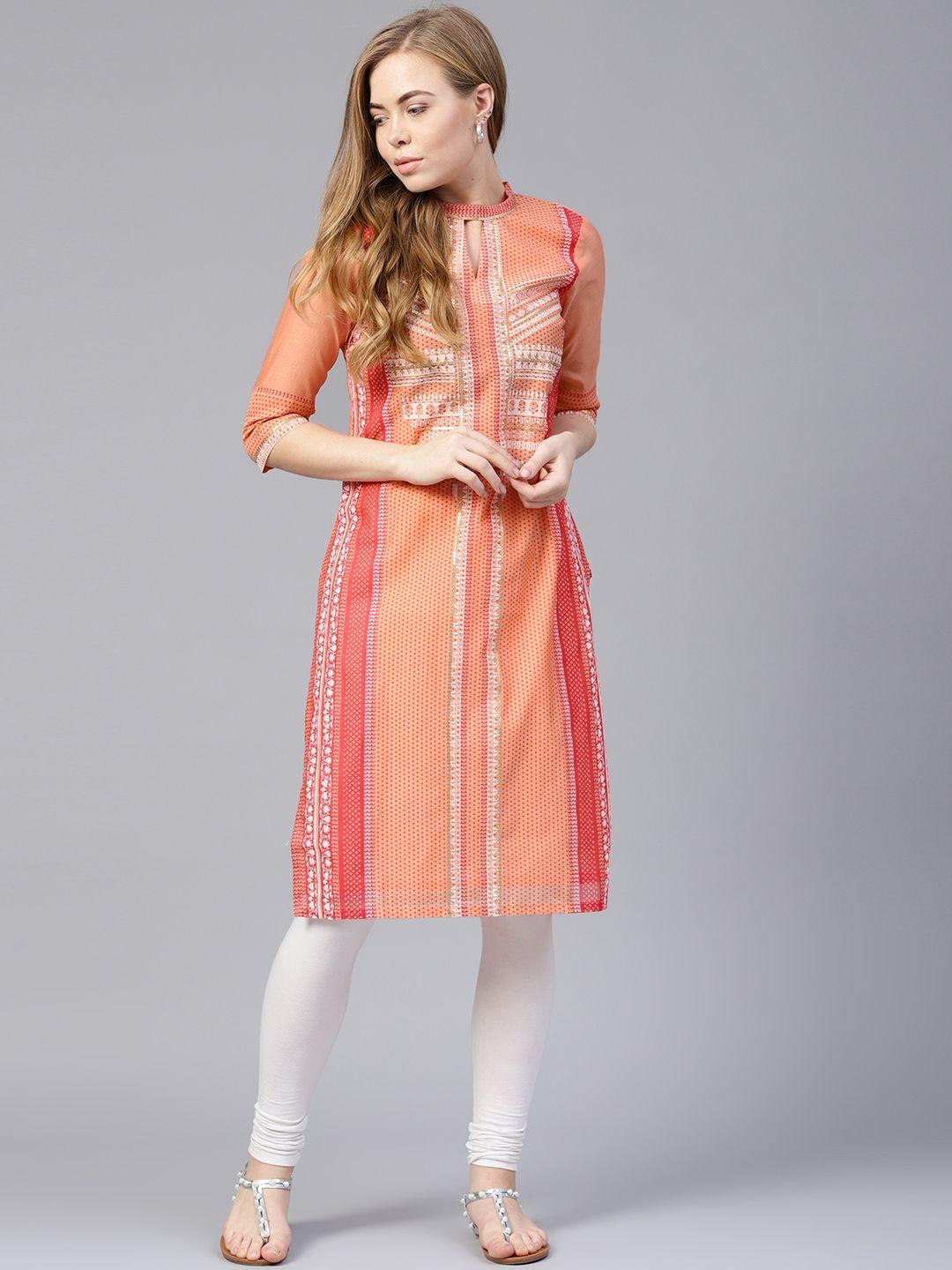 w women peach-coloured printed straight kurta