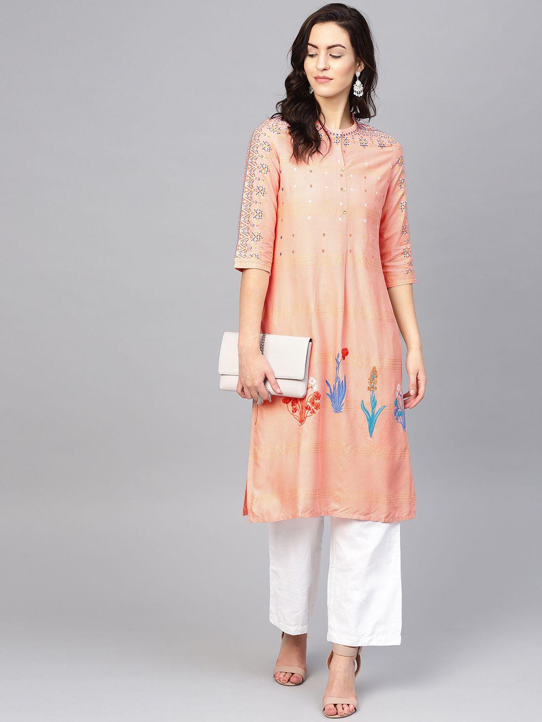 w women peach-coloured striped straight kurta with printed detail