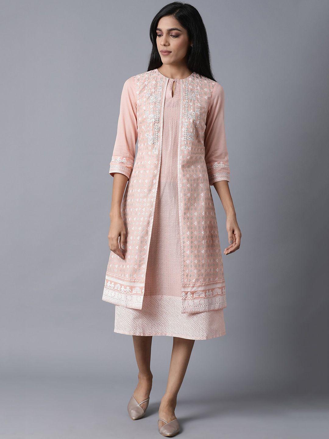 w women peach ethnic motifs embroidered keyhole neck layered ethnic a-line midi dress