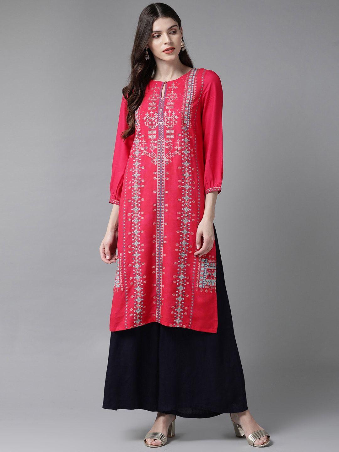 w women pink & blue printed straight sustainable kurta