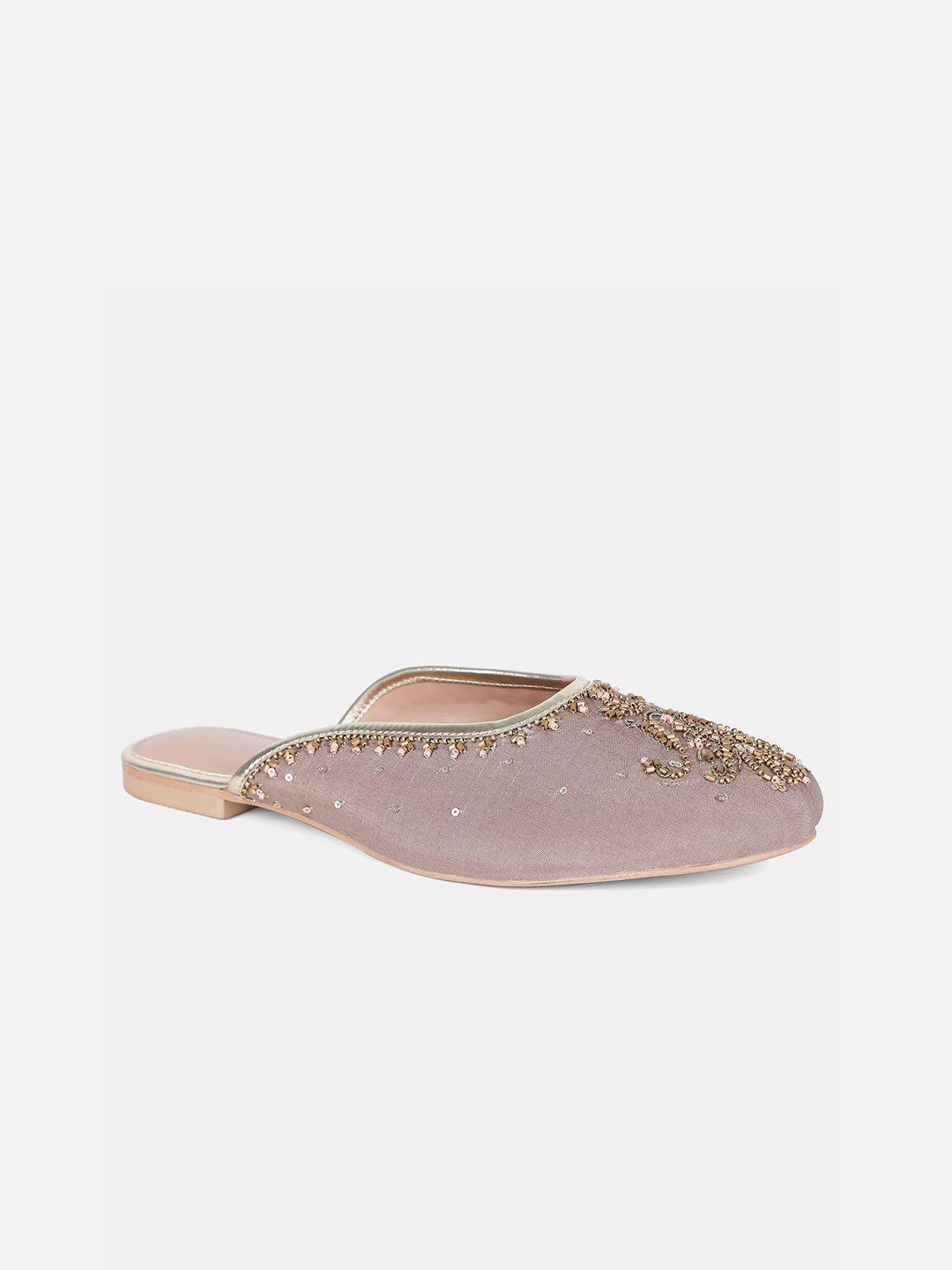 w women pink & gold-toned embellished mules