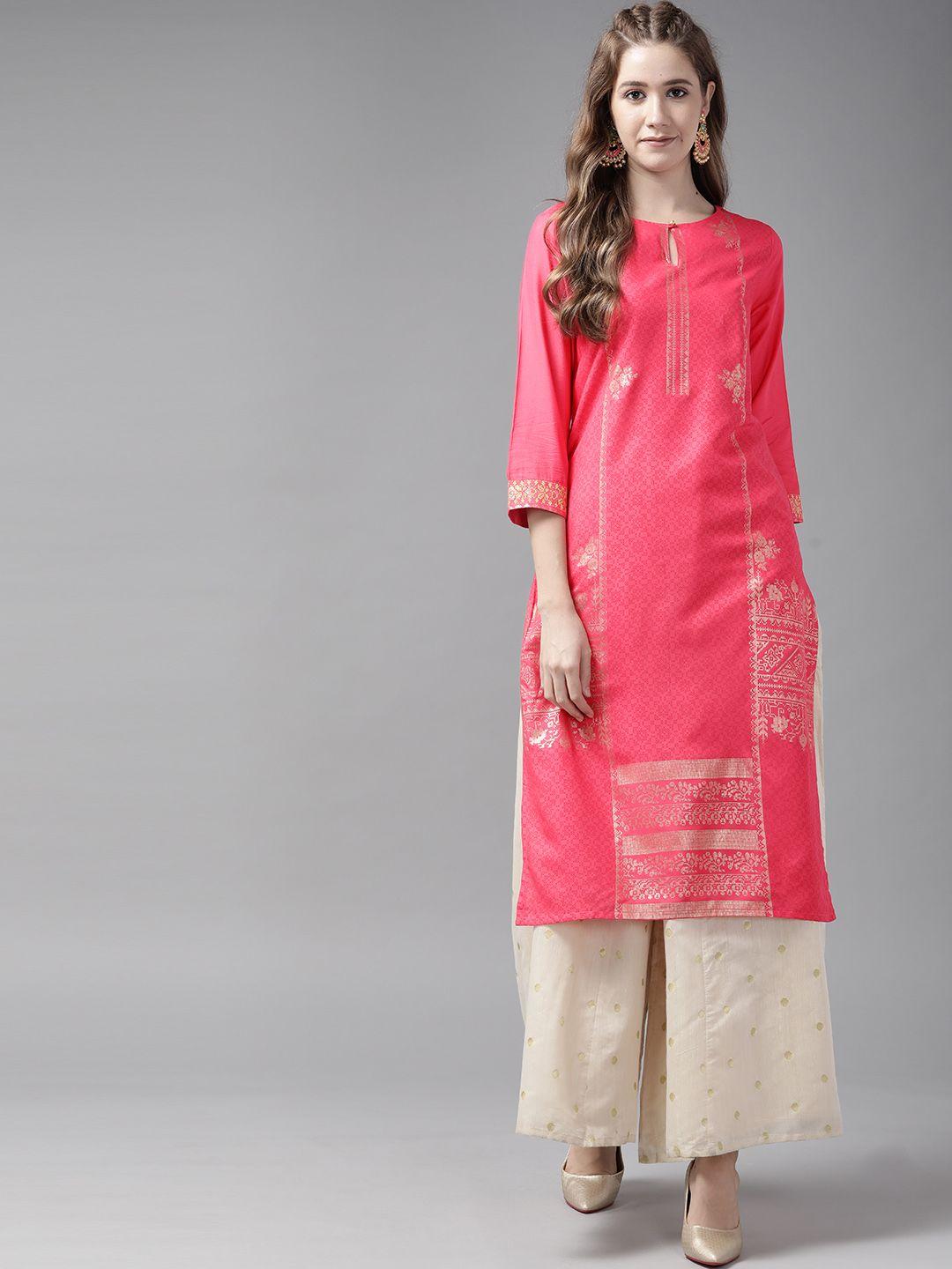 w women pink & golden ethnic motifs print keyhole neck straight kurta
