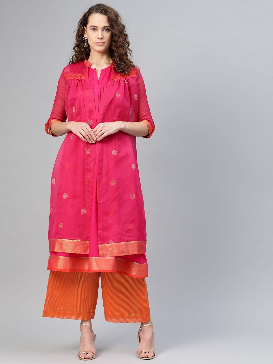 w women pink & orange printed layered straight kurta with trousers