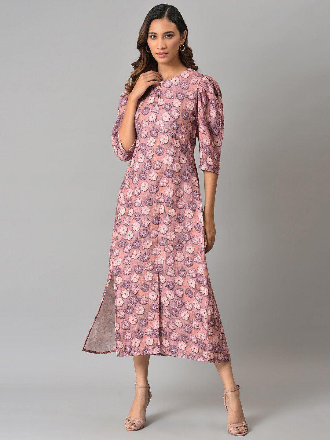 w women pink & purple floral printed keyhole neck a-line pure cotton midi dress