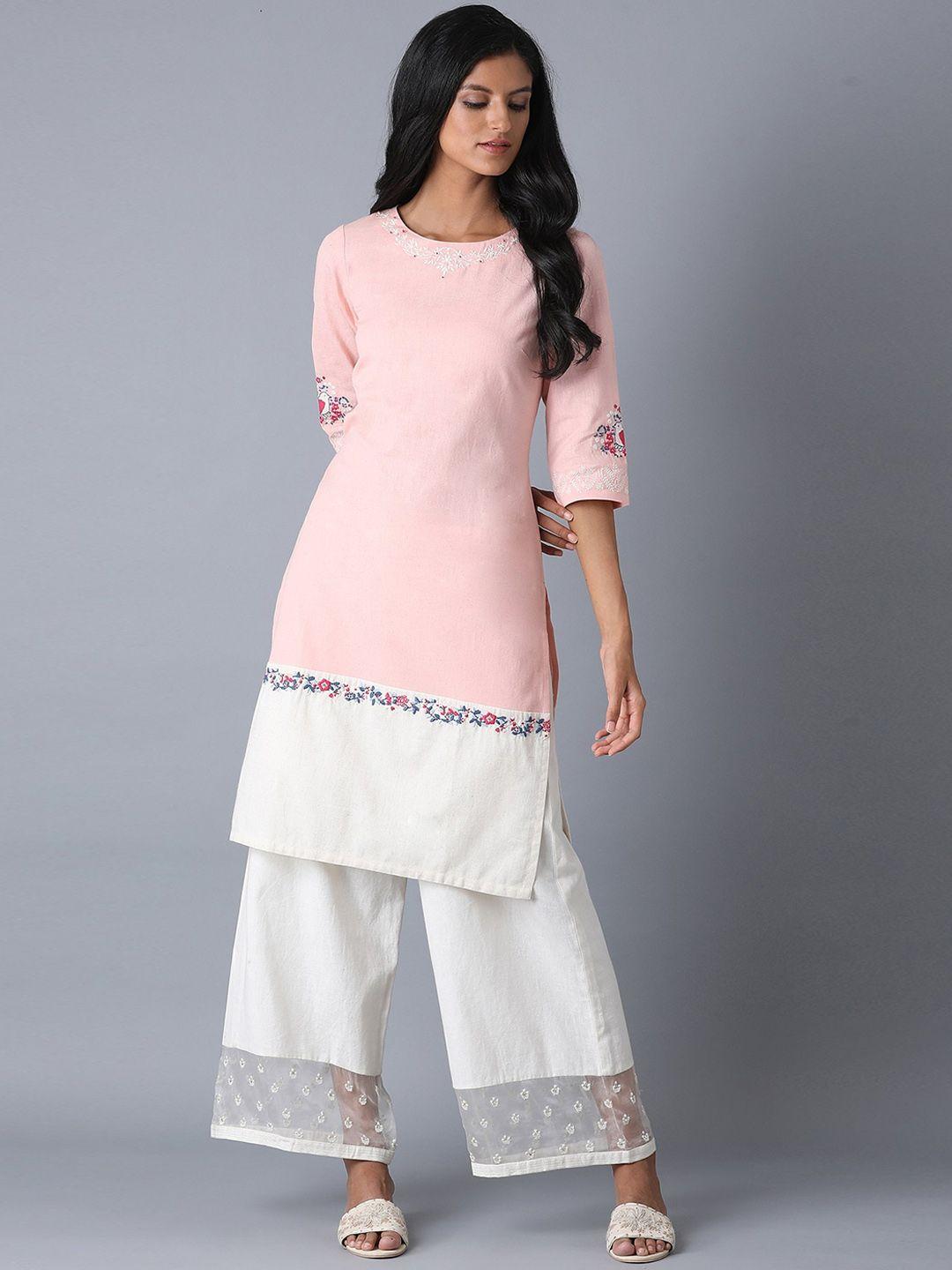 w women pink & white colourblocked straight kurta