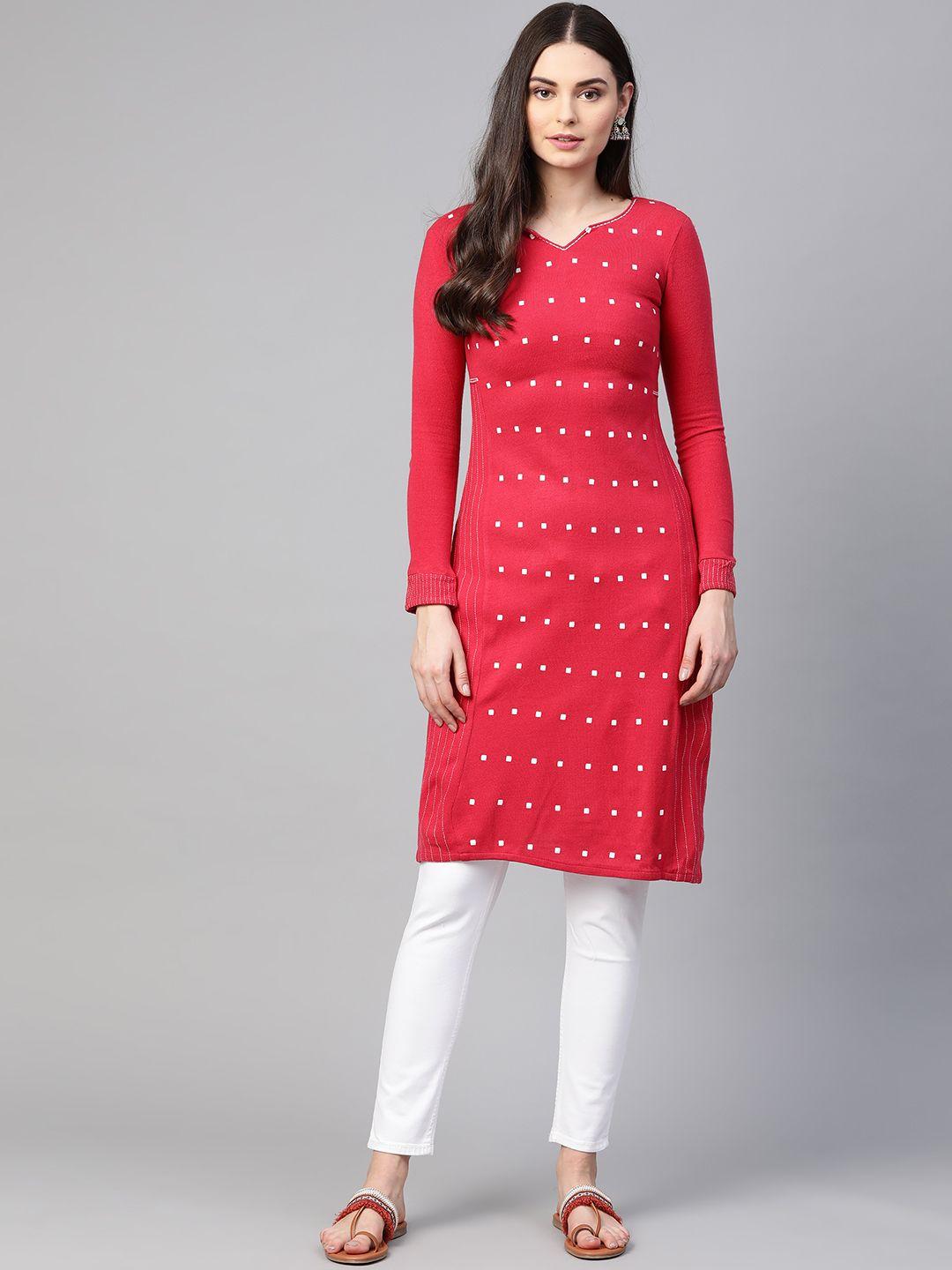 w women pink & white geometric print winter kurta