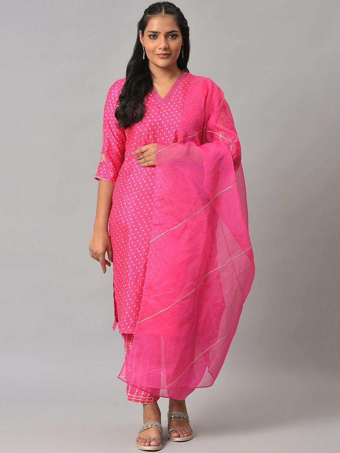 w women pink bandhani printed kurta with trousers & dupatta