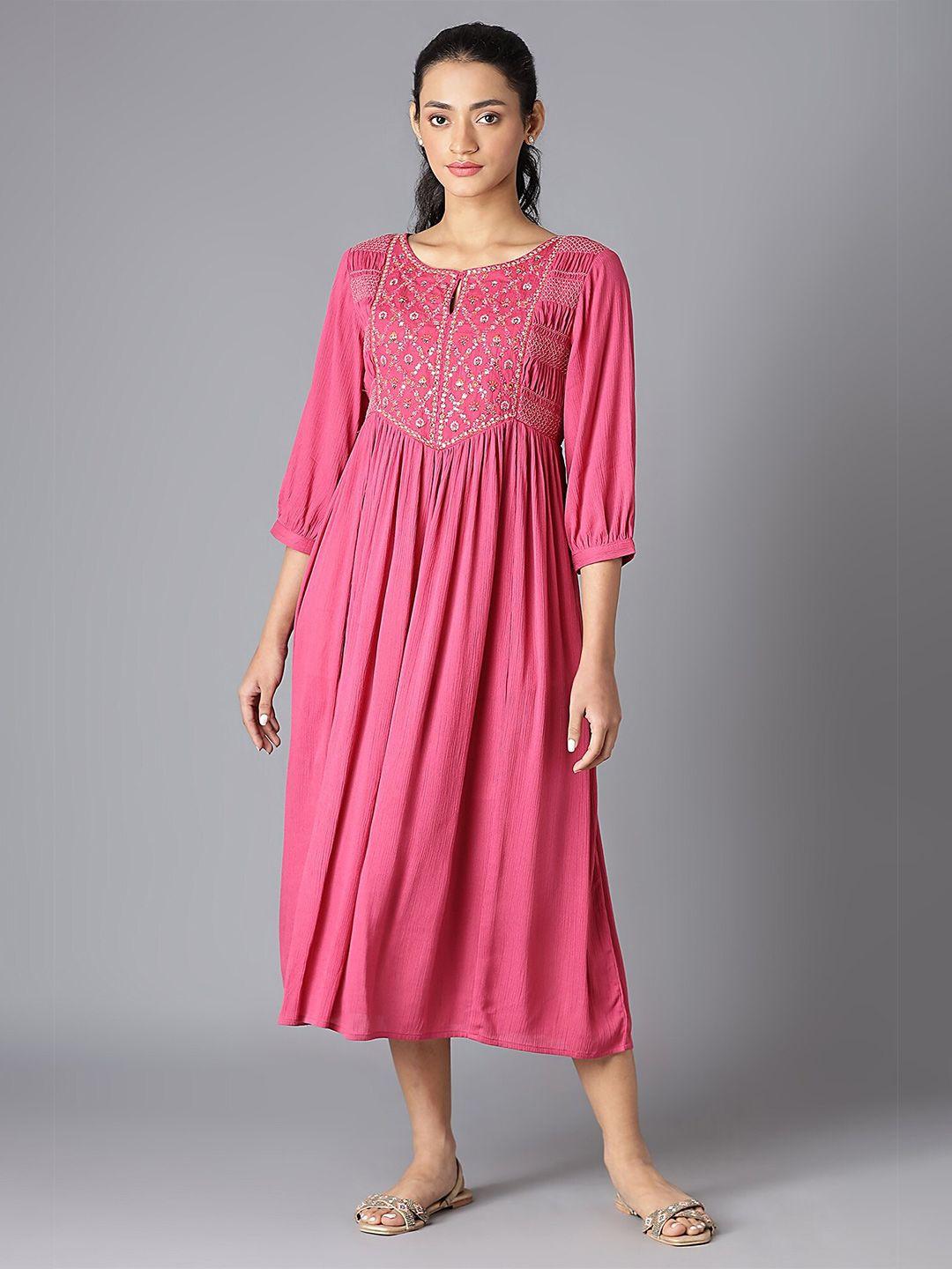 w women pink embellished keyhole neck ethnic a-line midi dress