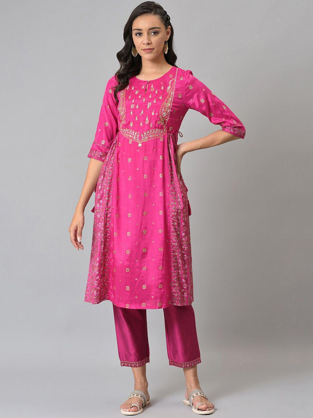 w women pink ethnic motifs embellished handloom anarkali kurta