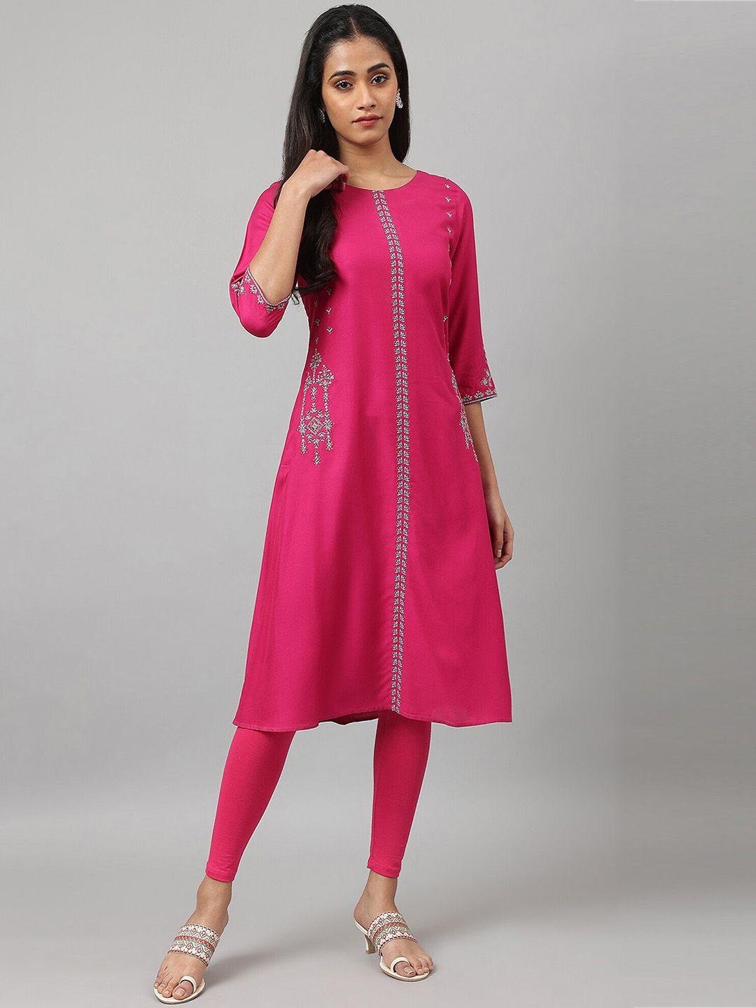 w women pink ethnic motifs embroidered indie prints kurta