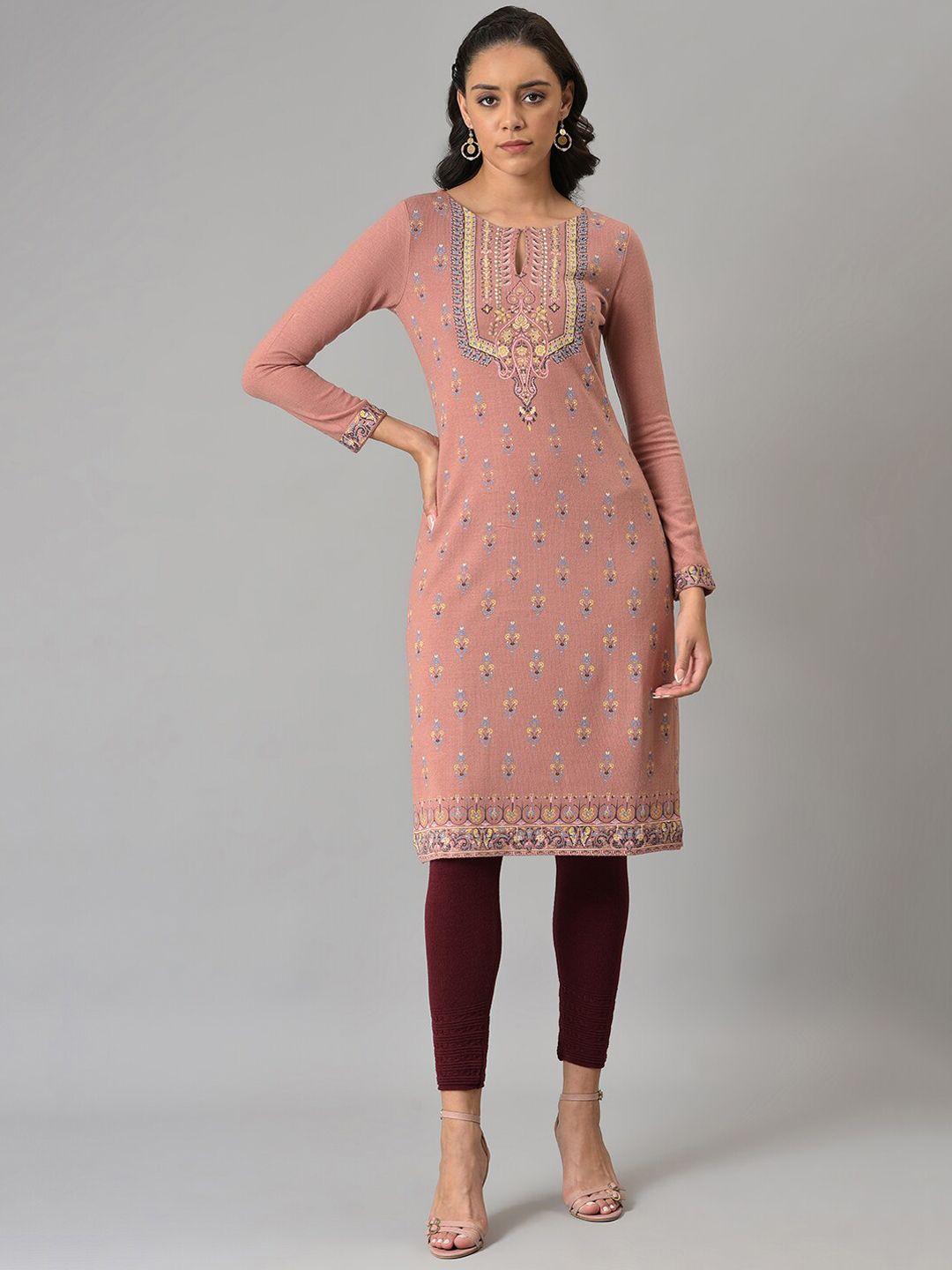 w women pink ethnic motifs keyhole neck kurta