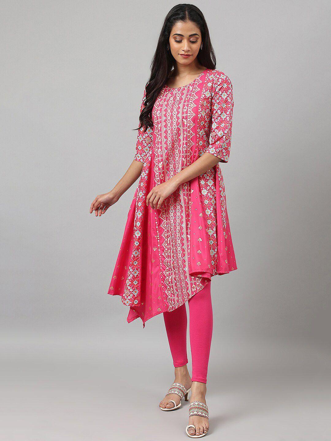 w women pink ethnic motifs printed asymmetrical hemline kurta with tights