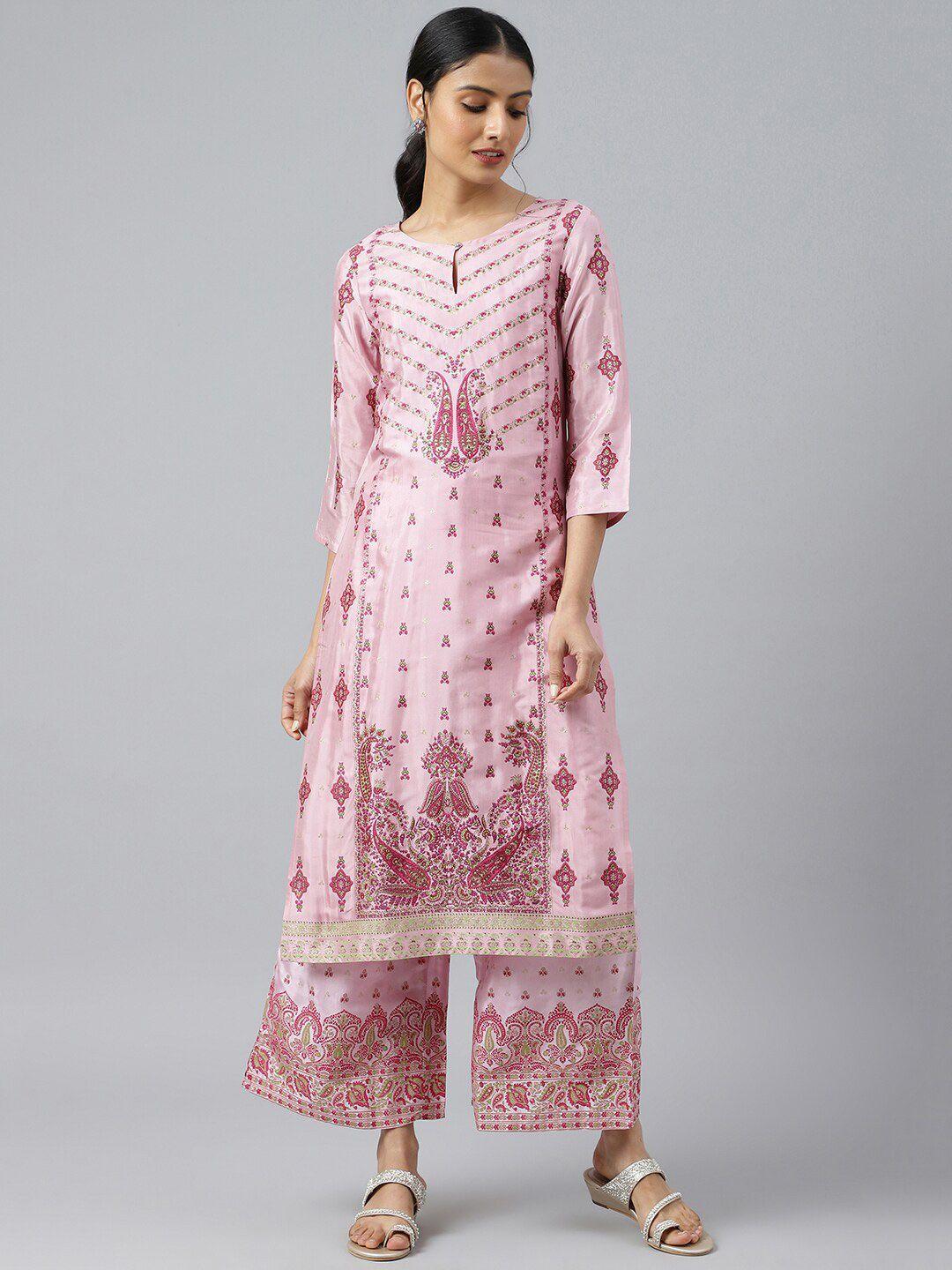 w women pink ethnic motifs printed keyhole neck kurta