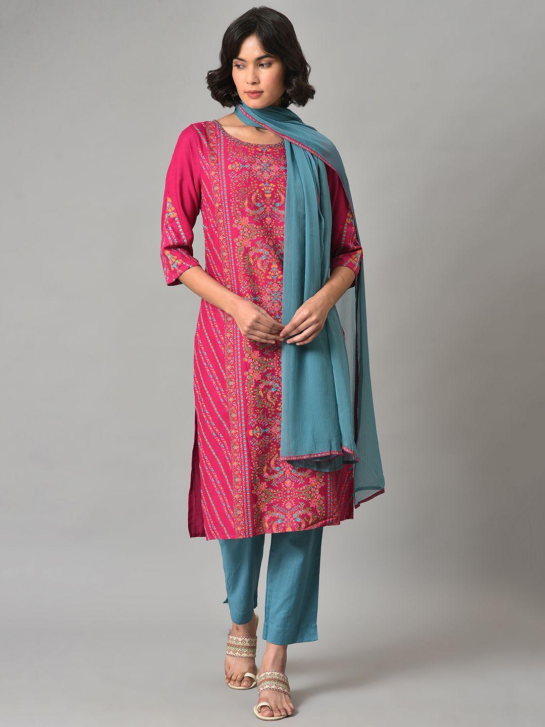 w women pink ethnic motifs printed kurta with trousers