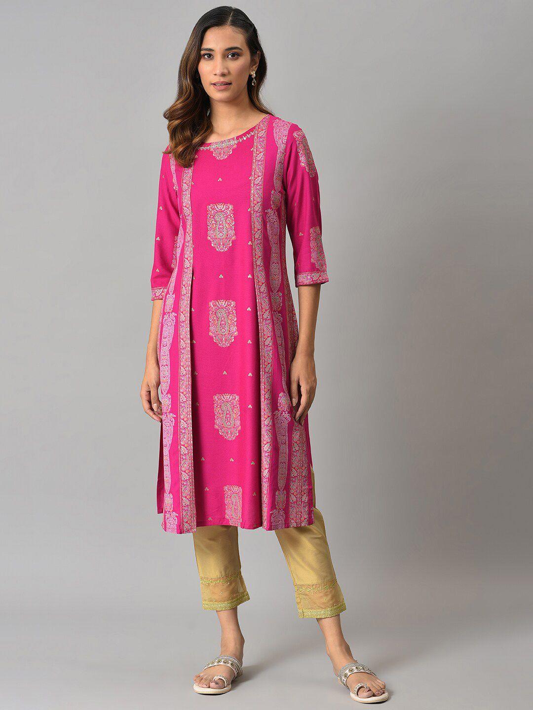 w women pink ethnic motifs printed kurta