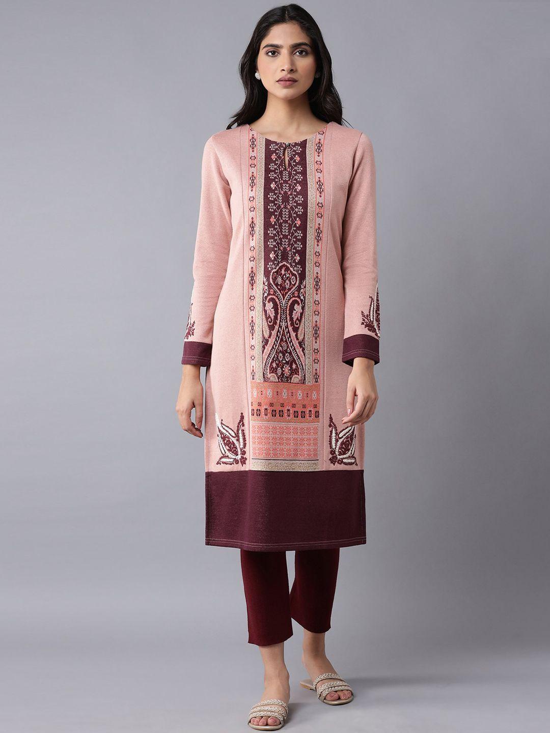 w women pink ethnic motifs printed straight kurta