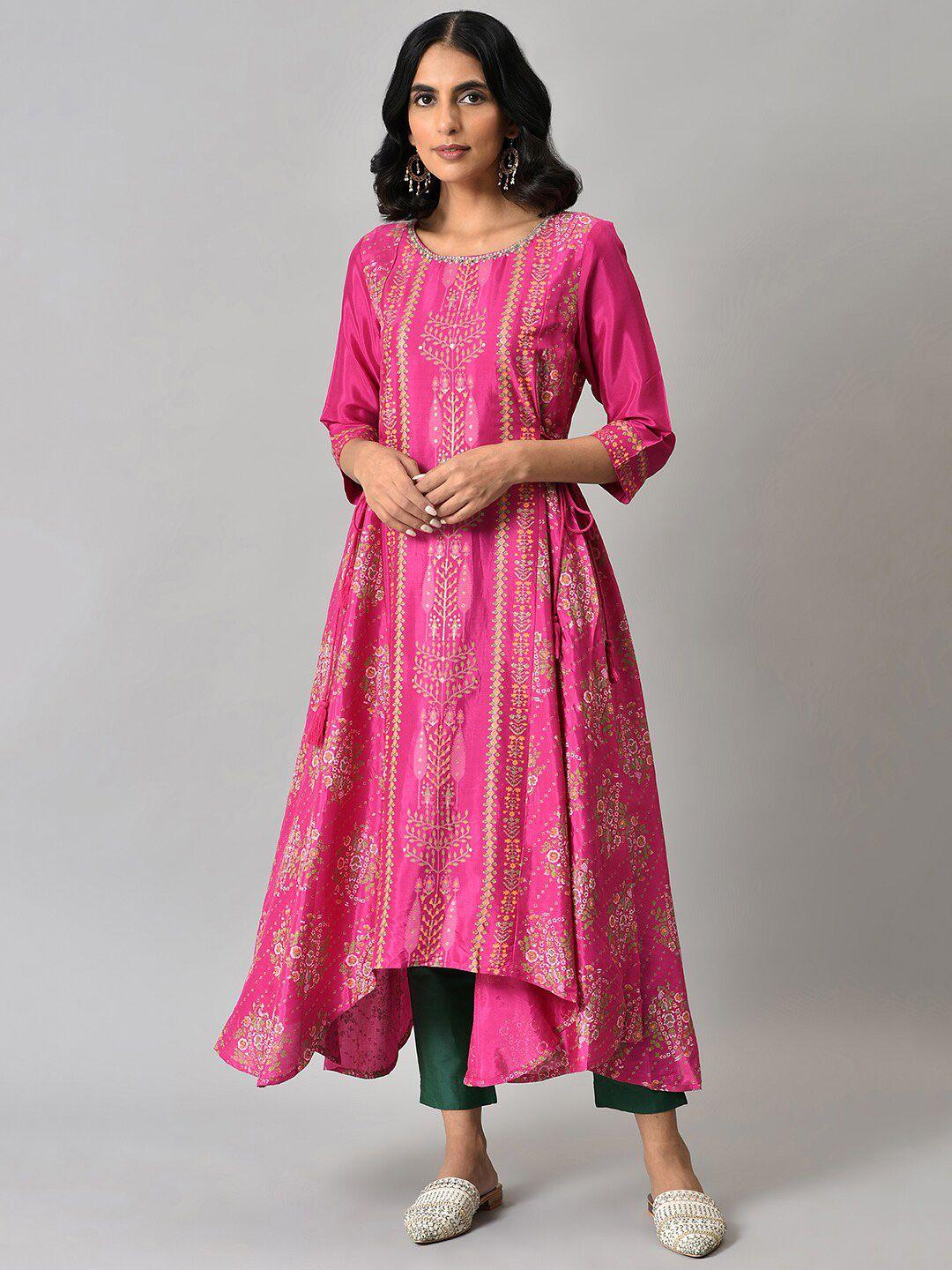 w women pink ethnic motifs printed thread work anarkali kurta