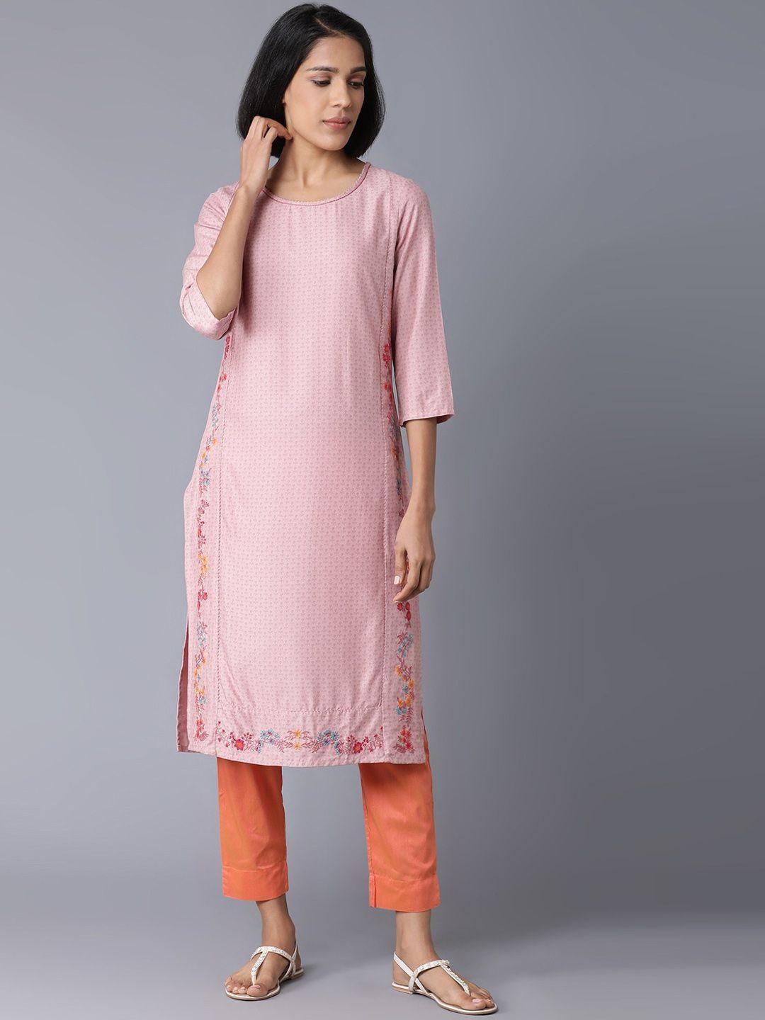 w women pink ethnic motifs printed thread work kurta