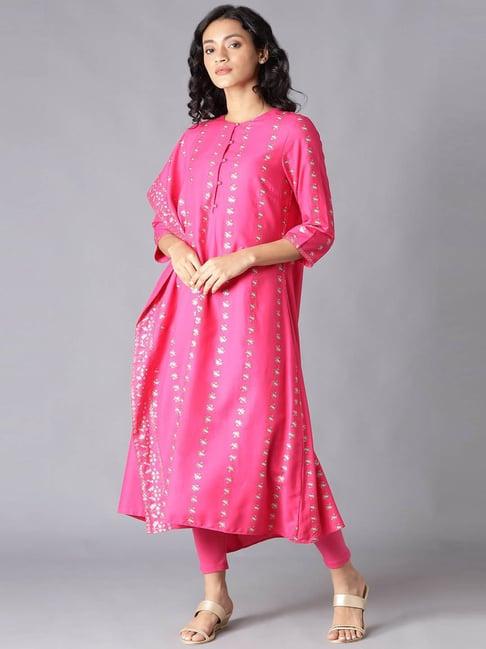 w women pink festive floral print rayon kurta with tight