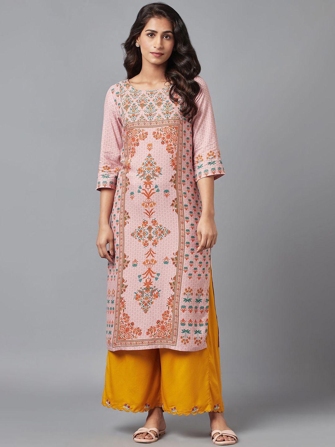 w women pink floral embroidered flared sleeves kurta