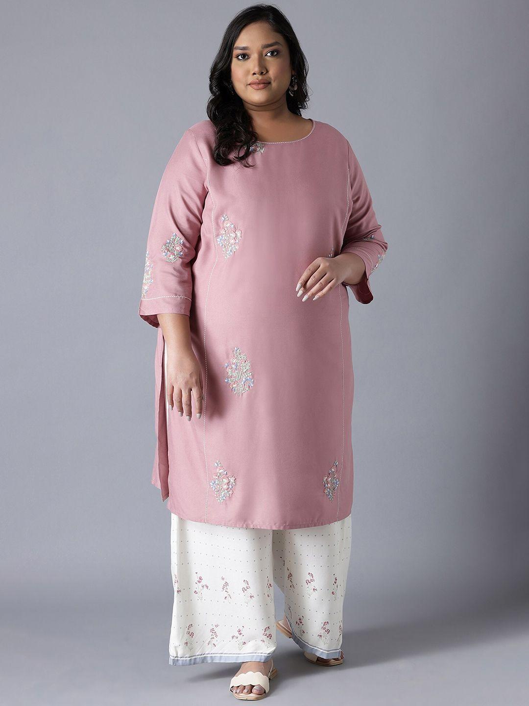 w women pink floral embroidered keyhole neck flared sleeves gotta patti kurta