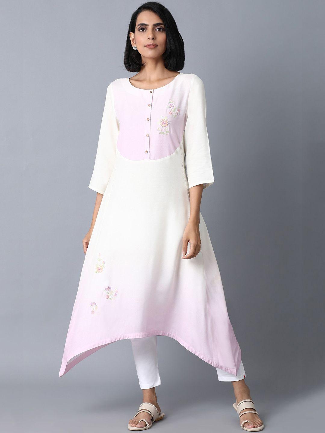 w women pink floral embroidered thread work kurta